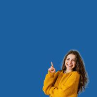 fond bleu avec personne montrant du doigt